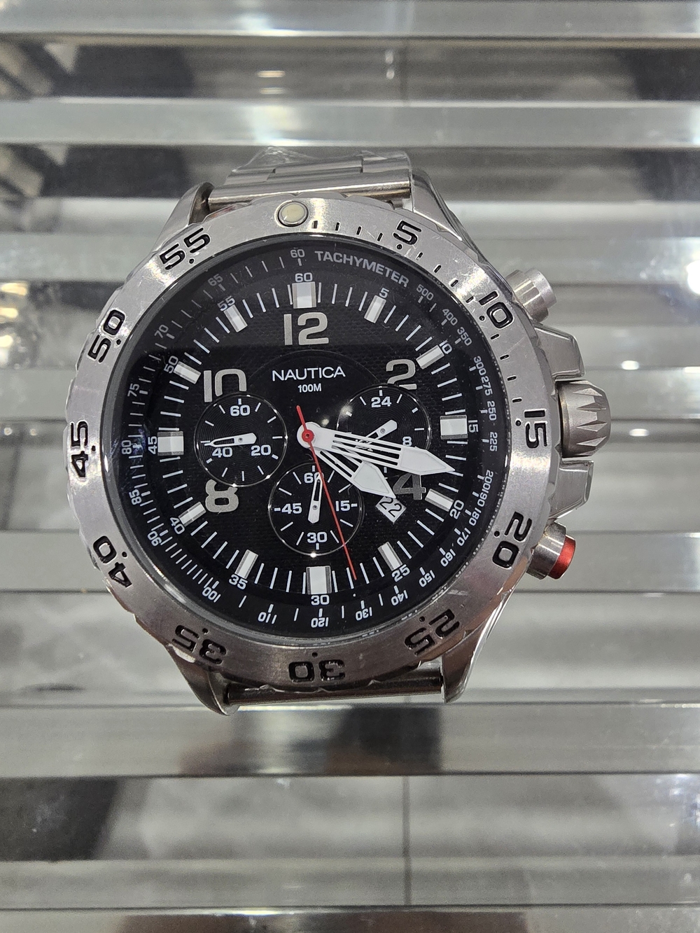 Nautica Men's Silver Stainless Steel Chronograph Watch - Black Dial
